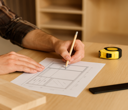 Manos dibujando a lápiz un plano técnico de mueble a medida sobre una mesa de trabajo con muestras de madera y cinta métrica.